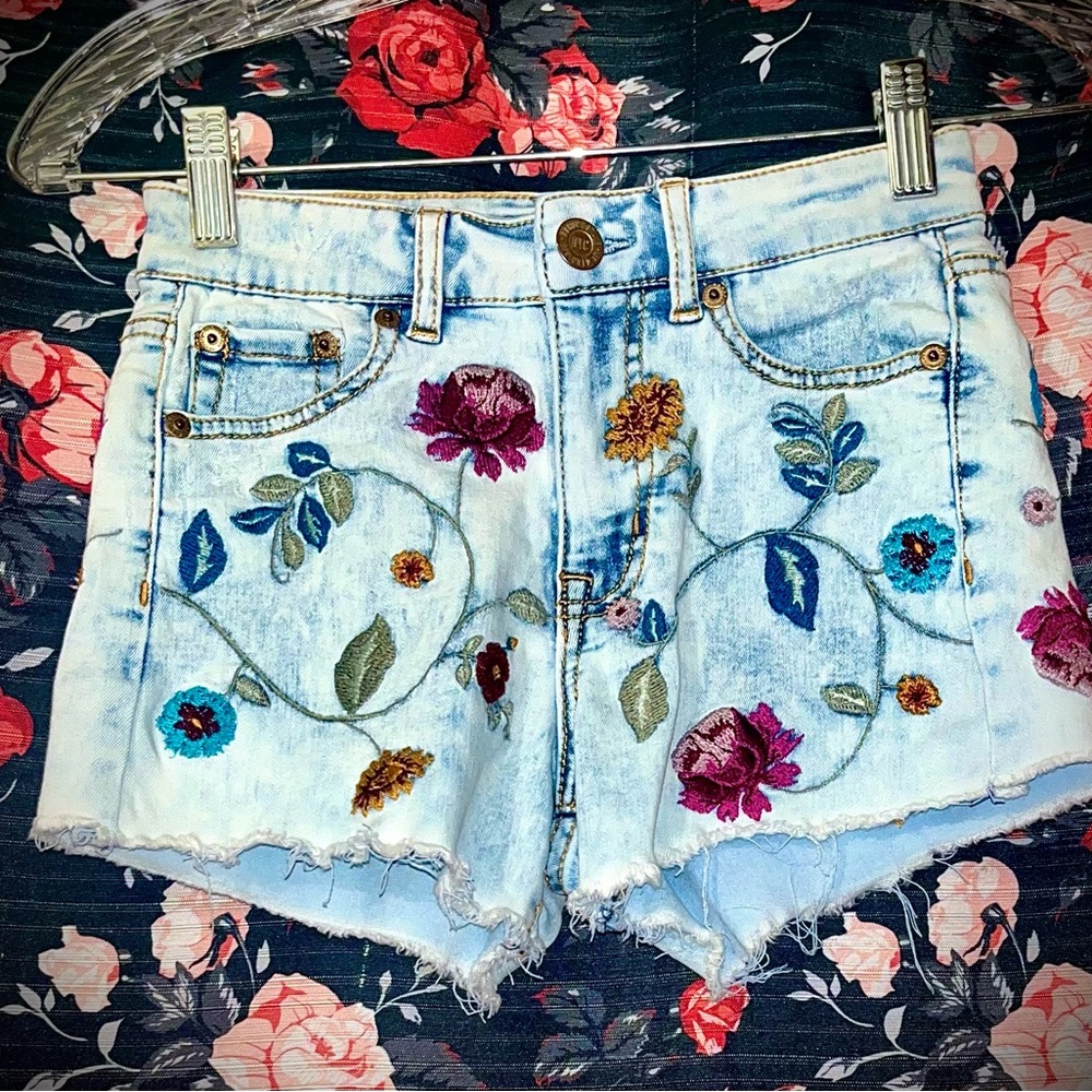 Aeropostale Light Blue Floral Embroidered Jean Shorts